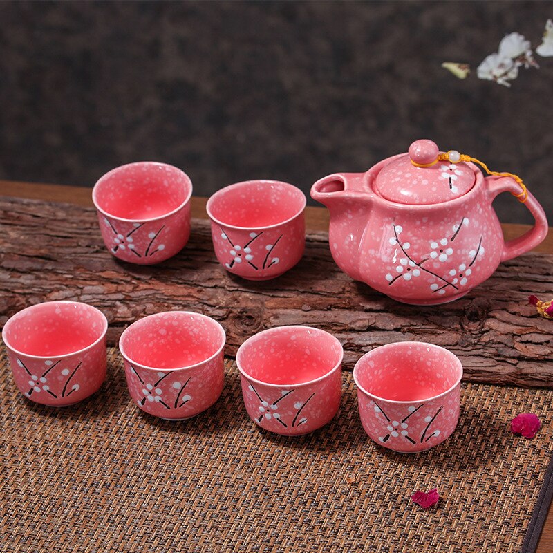 Tea Set High-grade Bone Porcelain Snow TeaSet Festival Bottle, Water Cup Box Pink Blue Six Cups Ceramic Teapot Set: Pink