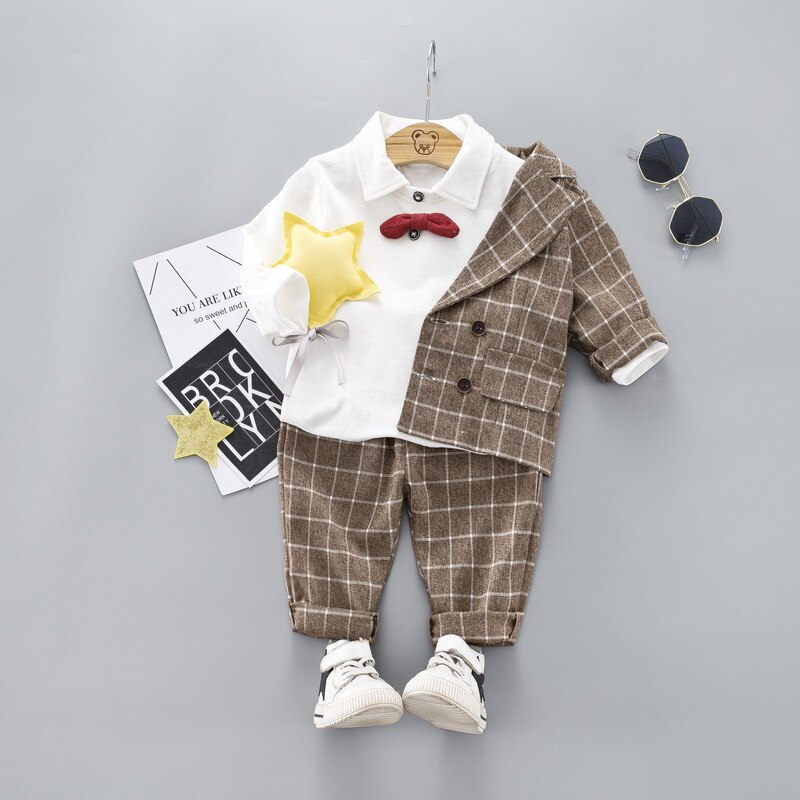 Hylkidhuose Baby Jongens Kleding Sets Peuter Baby Kleding Suits Herfst Plaid Jas T-shirt Broek Kind Casual Kostuum: Bruin / 24M