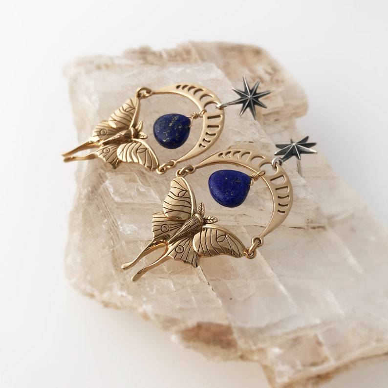 Exaggerated Moon Crow Skull Earrings Stars and Moon Bohemian Healing Celestial Witchy Metaphysical Jewelry: B