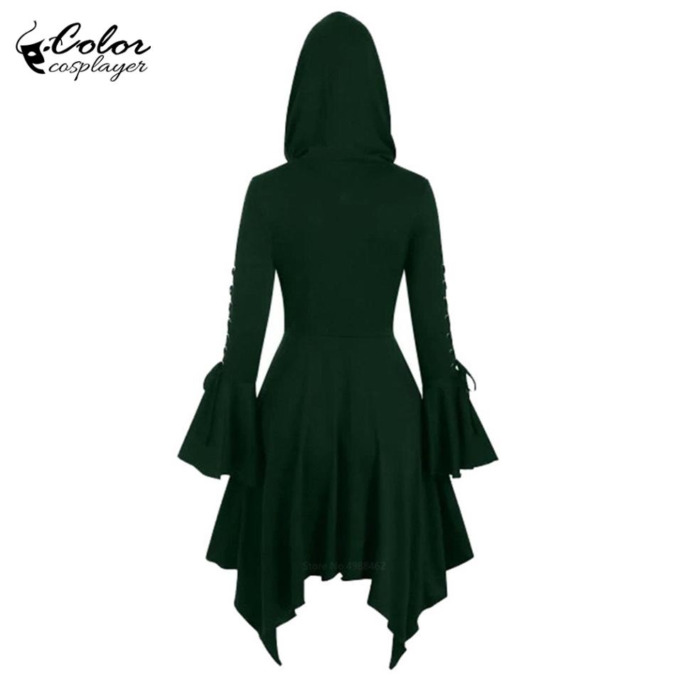 Colore cosplayer con cappuccio abito medievale donna Halloween costume cosplay abito da strega gotico abito a maniche lunghe abito da vampiro