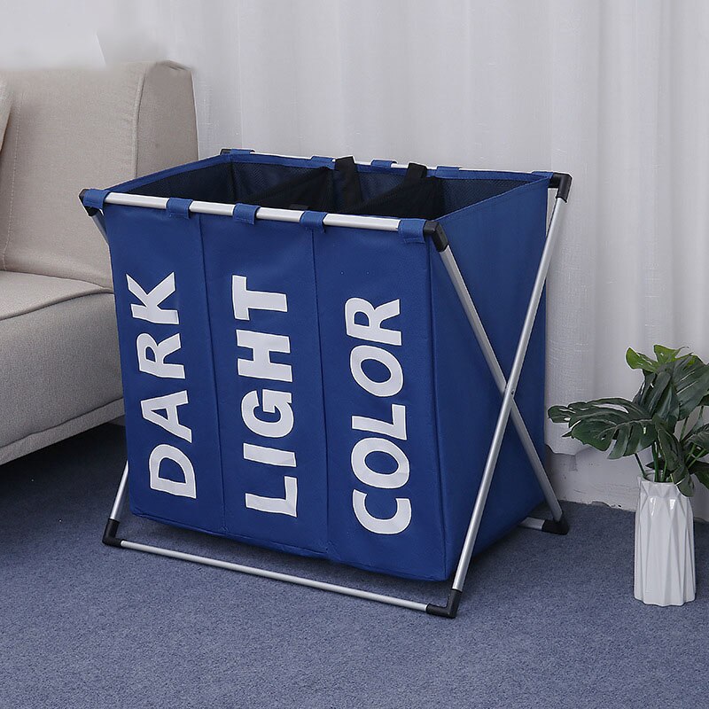 Collapsible Dirty clothes laundry basket Three grid bathroom laundry hamper Organizer home office metal storage basket: dark blue 3 grid