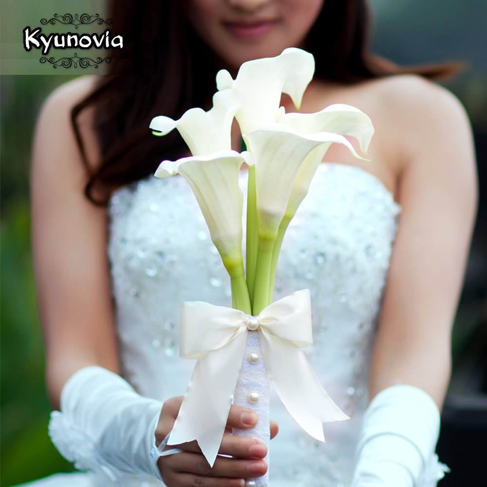 Kyunovia Latex Real Touch Artificial Calla Lily 5 Stems Flower Bouquet Bridal Bridesmaid bouquet White Wedding Bouquet D76