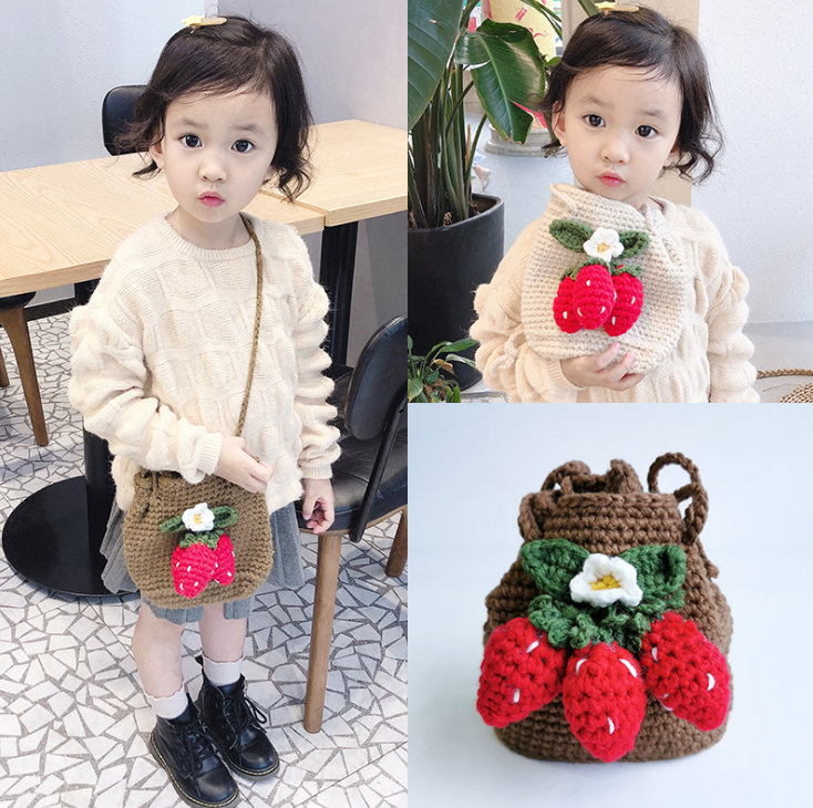 Sac fait main tricot enfant sac en laine fille en bandoulière tricot petit sac seau sac bourse sauvage