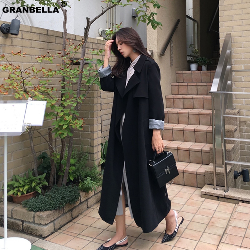 Koreansk stil kvinders pring efterår maxi lange frakker khaki & sort løs trenchcoat med bælte plus size vindjakke udtøj