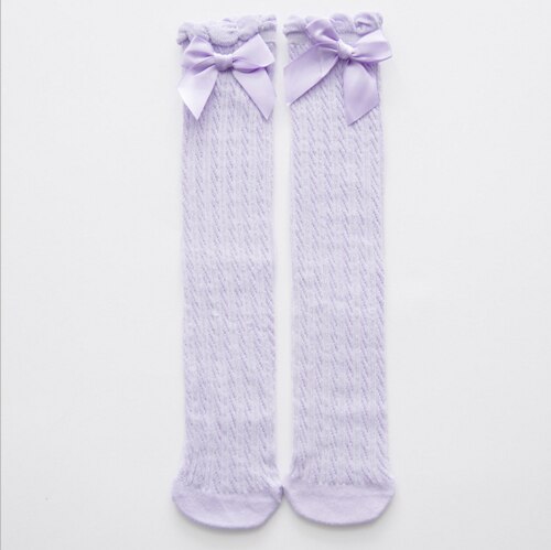 Kids Baby Girls Knee High Stocking Summer Breathable Mesh Cotton Stocking Tights Kids Bow Princess Long Stockings: Purple  / Length 38cm