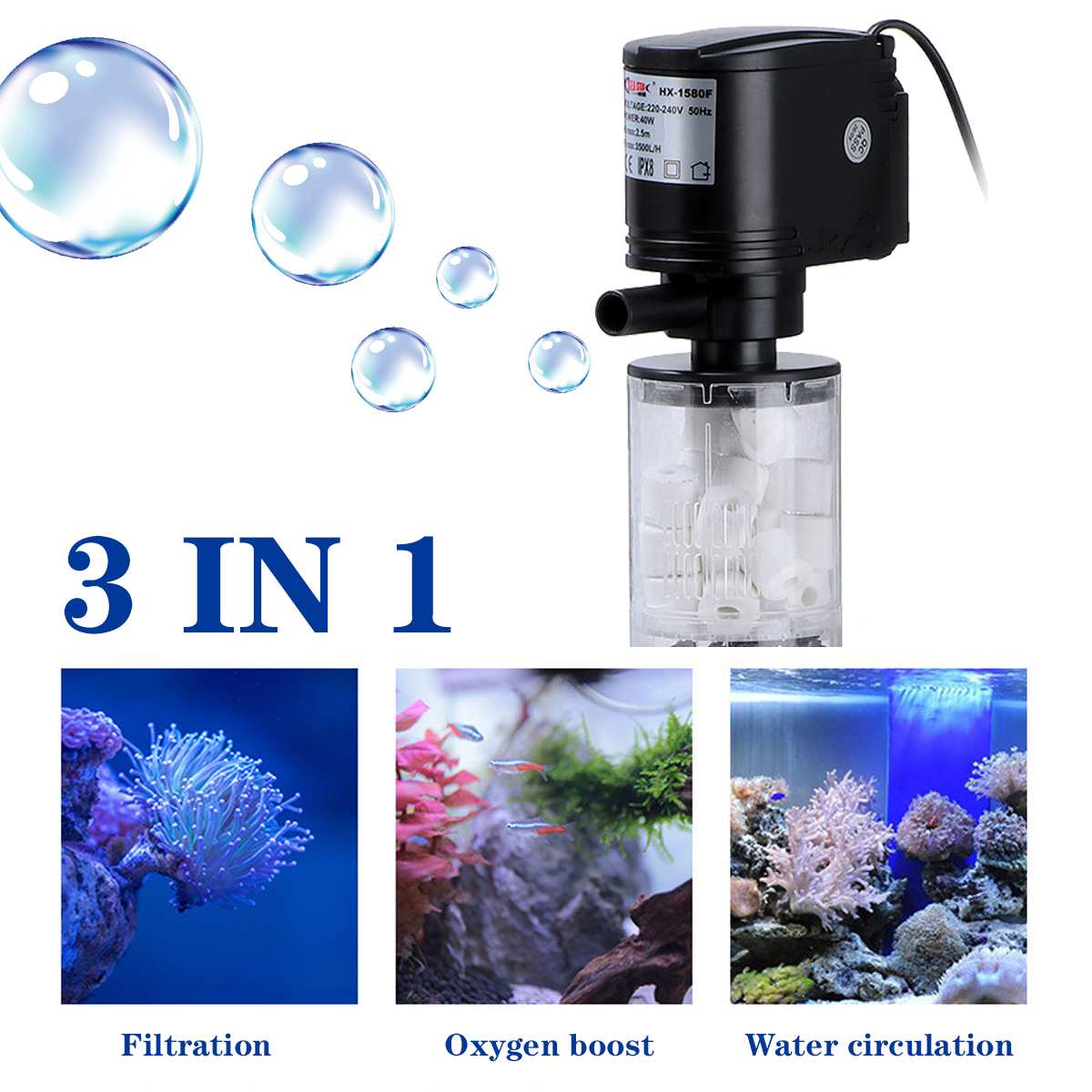 3 In 1 Aquarium Filter Air Pump Aquarium Water Pump Fish Tank Circulating Internal Filter Air Oxygen Increase 12/18/25/35/40W