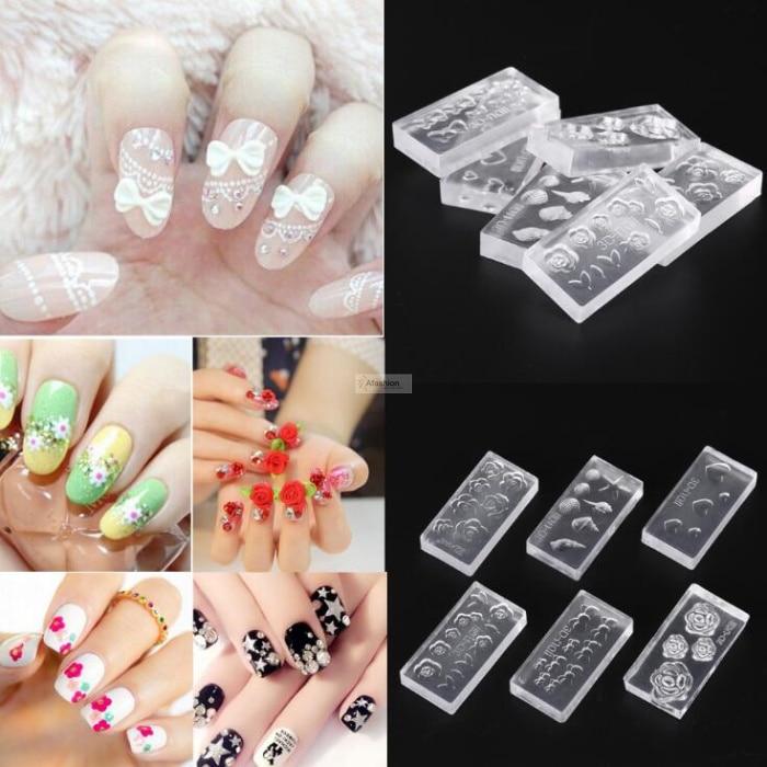 6 stuks Nail Art Crystal Carving model 3D nail Siliconen template Manicure Stempel Platen Mold Bloem meisje DIY gereedschap