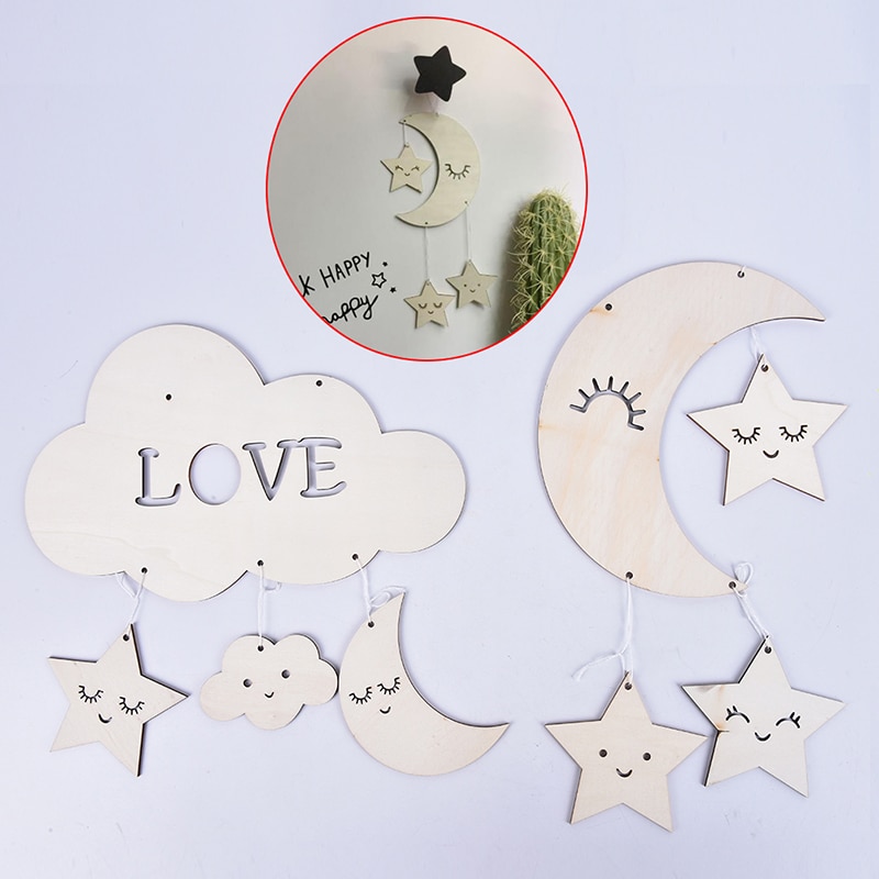 Wall Hanging Star Moon Room Decor Wall Hanging Baby Room Wooden Cloud For Babies Boy Girl Room Decoration