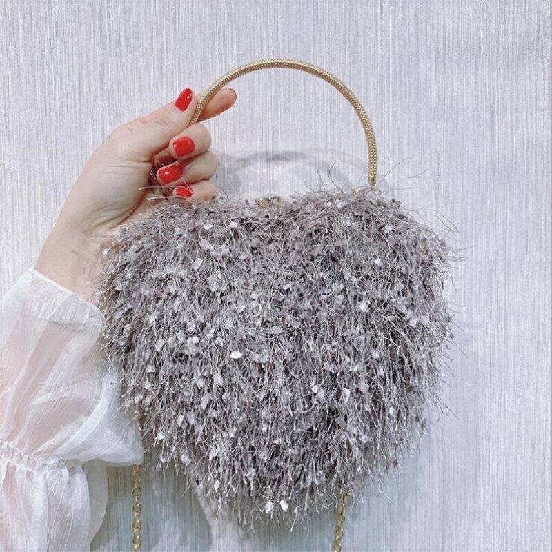 Lovely heart shaped evening clutch bags tassel wedding banquet purse for ladies party dinner wallets: Gray