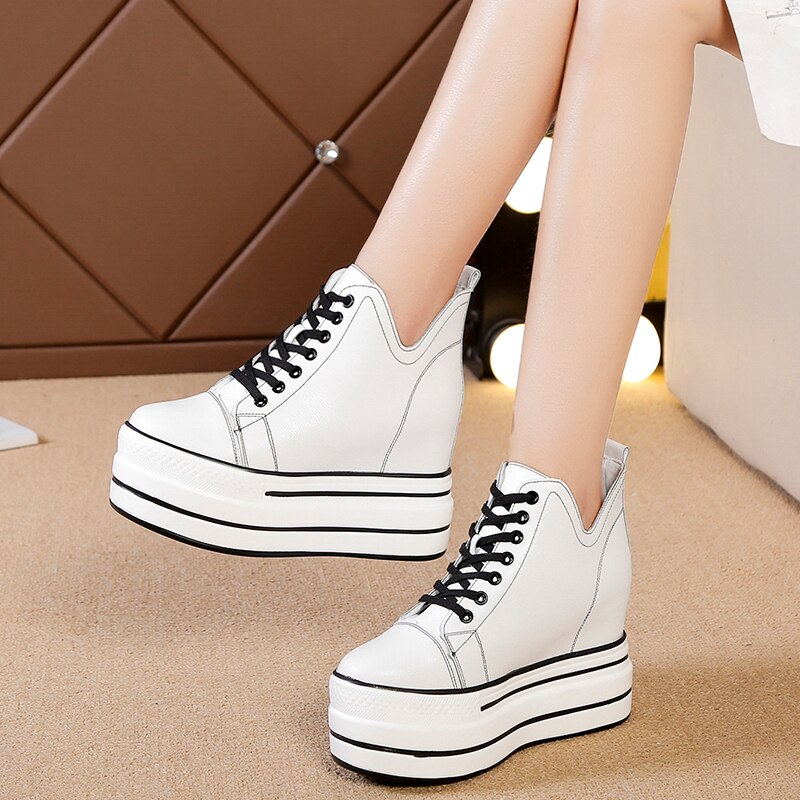Herfst Hoge Platform Sneakers 9Cm Hoge Hakken Vrouwen Dikke Zool Enkellaarsjes Leather Wedge Winter Casual Schoenen Witte Laarzen maat 40