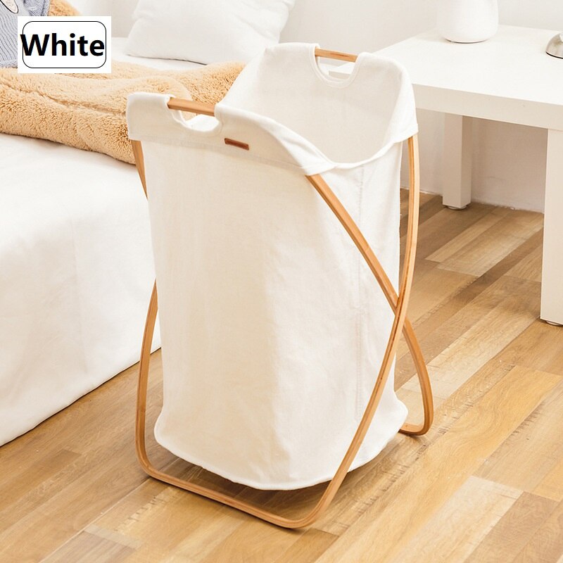 Nordisk stil foldbar beskidt tøj opbevaringskurv træramme vaskerum kurv kurv babytoy arrangør toiletartikler boks: Hvid