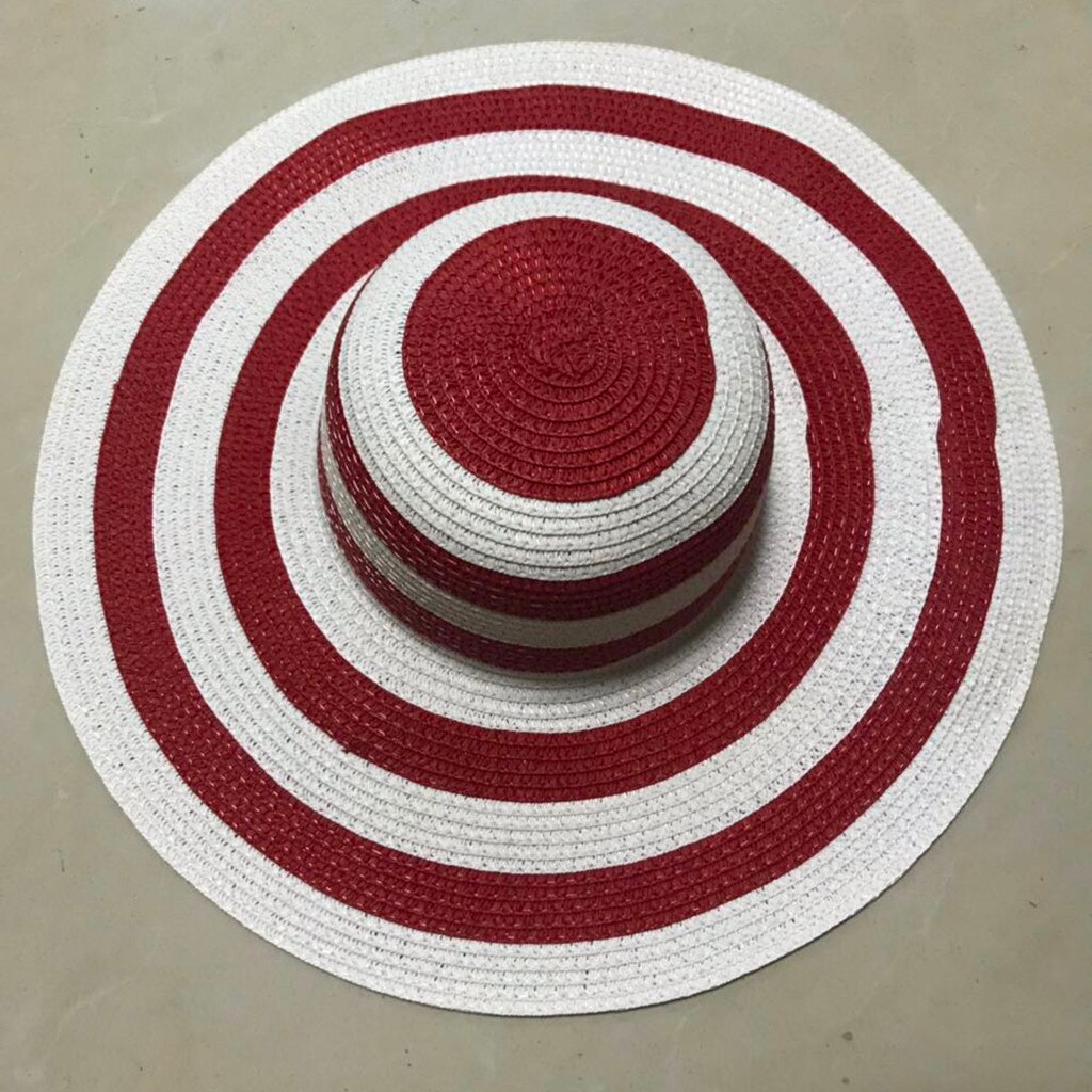 female sun shade Womens Big Bowknot Straw Hat Stripe Floppy Foldable Roll up Beach Cap Sun hat woman summer