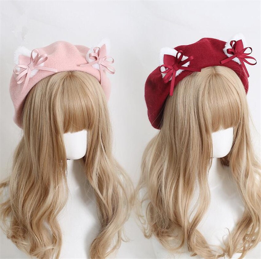 Kawaii Vrouwen Hoed Baret Wol Leuke Kat Oren Hoed Winter Warm Cap Lolita Hoofd Slijtage D1046