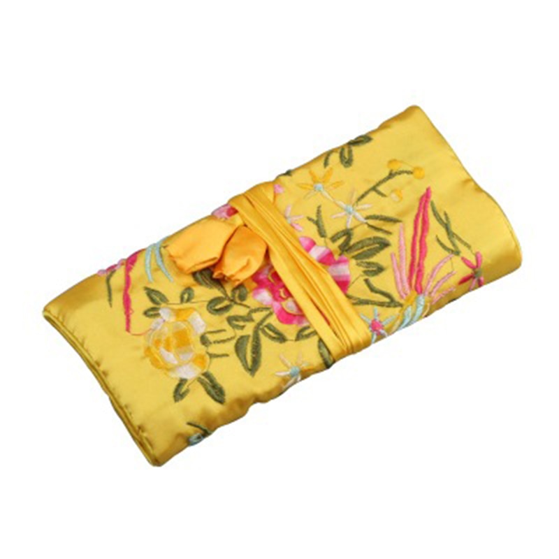 Portable Ladies Travel Jewelry Roll Bag Embroidery Jewelry Packaging Bag Women's Jewelry Organizer Case Pouch: Yellow