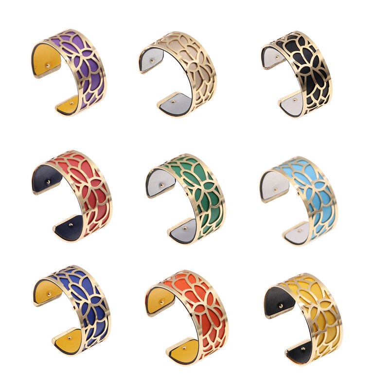 25mm Flower Reversible Interchangeable Leather Cuff Bracelet Bangles with Gold Color Manchette Femme Bracelet Jewelry for Women