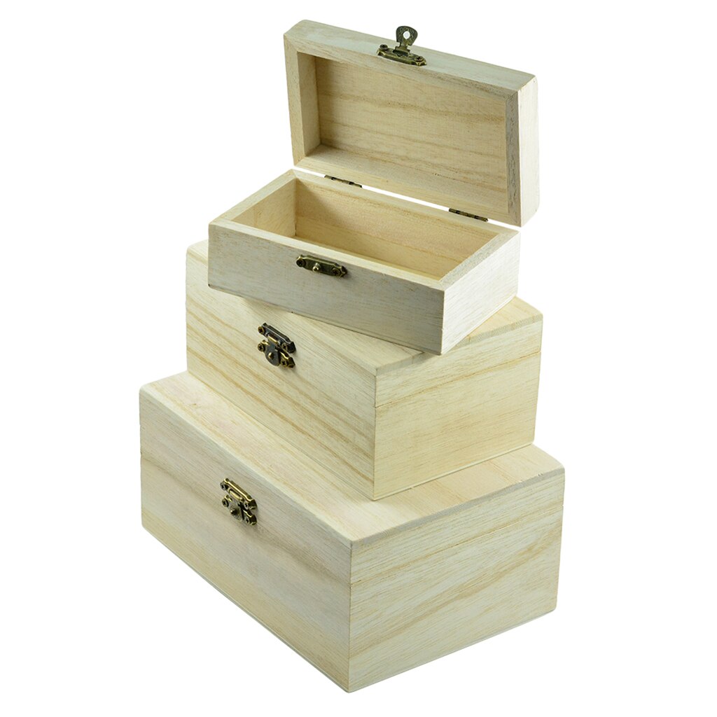 3pcs Wood Box Unfinished Wooden Jewelry Storage Case DIY Craft Gadgets Wooden Organizer Boxes
