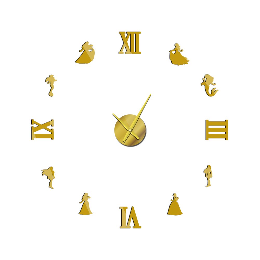 Mermaid &amp; Prinses Diy Grote Wandklok Wandklok Fairytale Stijl 3D Spiegel Effect Muursticker Muur Horloge Meisjes: Gold / 27 nch