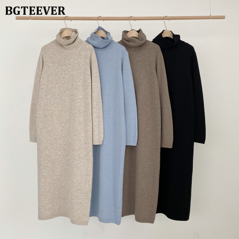 Bgteever afslappet tykkere varm kvinders strikket kjole med lange ærmer, løs turtleneck, kvindelige sweaterkjoler efterår vinter vestidos