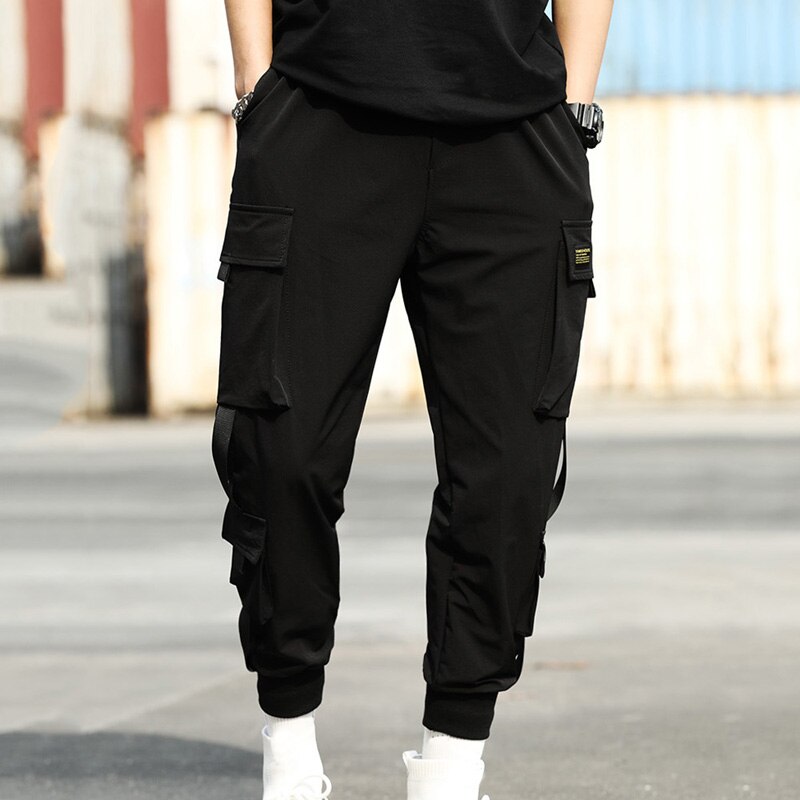 Streetwear hippe sorte bukser mænd elastiske talje sportsbukser med bånd afslappede slanke bukser mænd hofte bukser