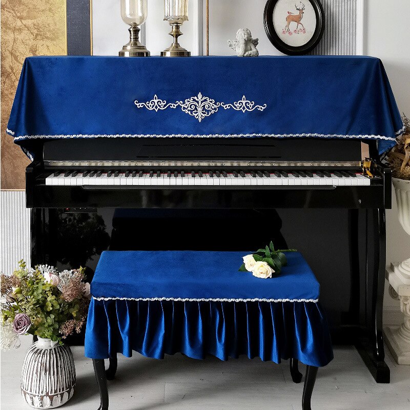 European-style Modern Piano Cover Light Luxury Piano Towel Full Cover Dust-proof Single Double Stool Cover Piano Cloth Cover: Dark Blue / 38x58 single cover