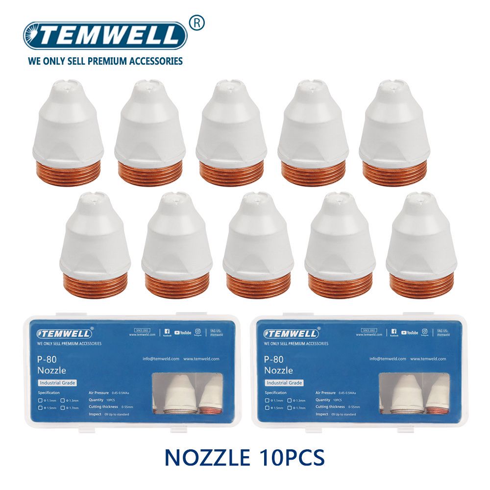 TEMWELL 20PC Coated Plasma P80 Cutting Nozzle 1.1/1.3/1.5/1.7mm Electrode Plasma Cutting Torch 60A 80A CNC Torch Welding Tip