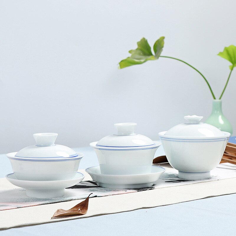 Jingdezhen Handgeschilderde Thee Sets, Wit Porselein Covers, Thee Kommen, hoogwaardige Kungfu Thee Accessoires, Drie Kopjes Grote Maat