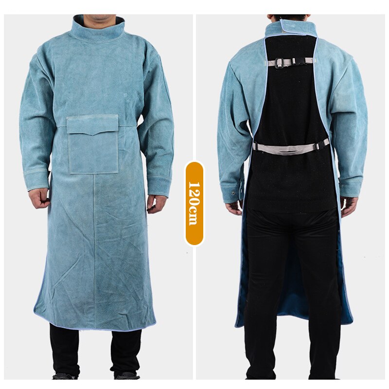 Cowhide Work Clothes Apron Welding Protective Clothing Heat and Fire Resistant Welders Safety Clothing Welding Apron: Short collar / blue 120cm