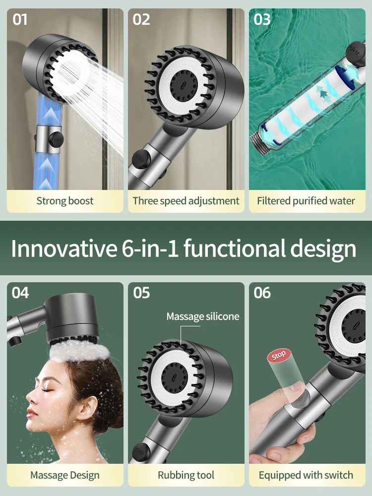 Hogedruk Douchekop 6-In-1 Multifunctionele Douche 3 Modi Draagbare Douche Artisjokken Met Filter Badkameraccessoires