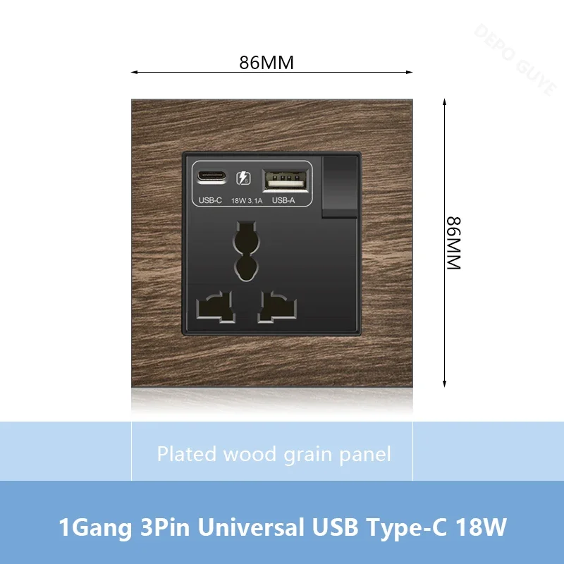 Universal 18W Type-C Plug Quick Charging Dual 3-pin Power Socket 220V,Wall electrical Socket with DC 5V 3.1A Type-c USB Charger: PURPLE