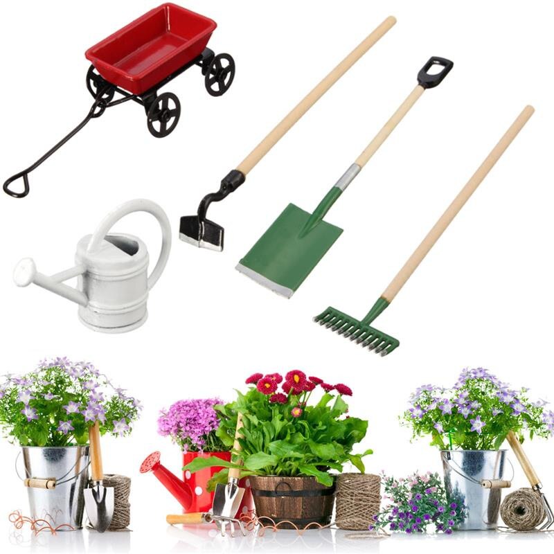 DIY Miniatuur Metal Tuin Gereedschap Speelgoed Gieter Trekken Winkelwagen Spade Rake Voor Kinderen Pretend Speelgoed Accessoires Set