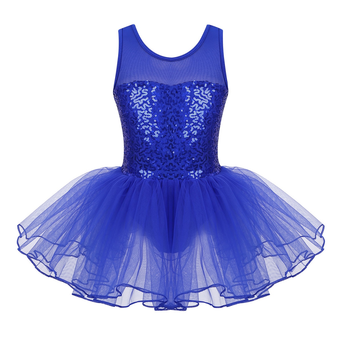 Paillettes enfants filles ballerine Dancewear sans manches maille extensible épissure Ballet danse Tulle gymnastique justaucorps maille Tutu robe: Blue / 6