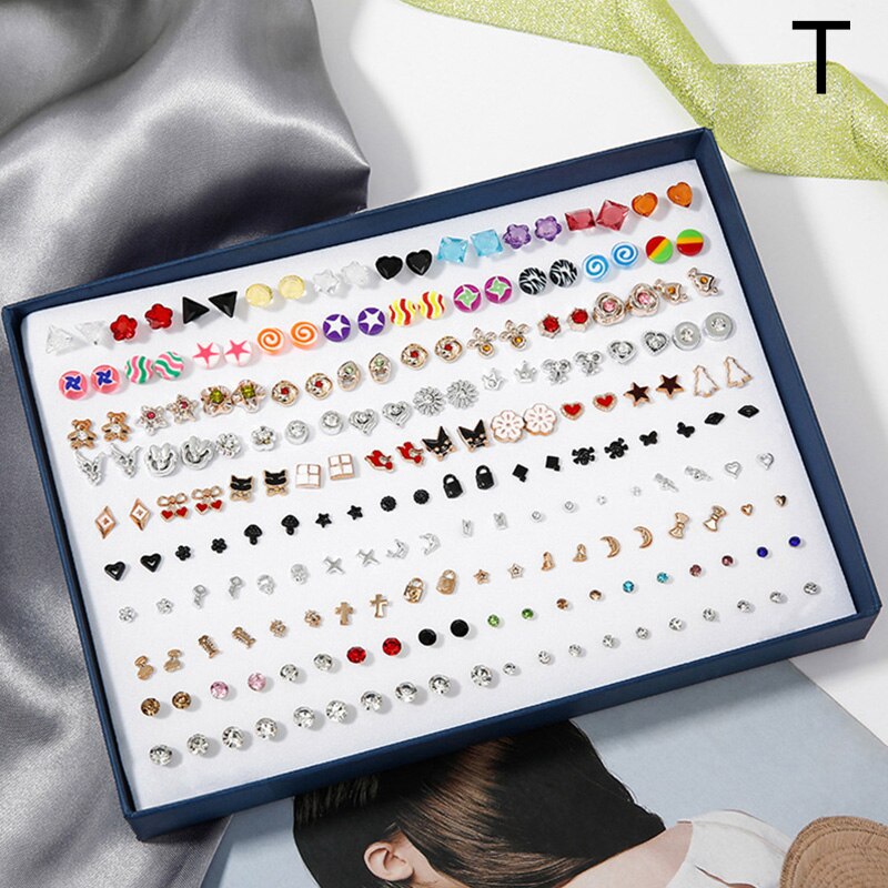100 Pairs Boxed Leuke Oorbellen Gemengde Stijlen Kristal Kleine Stud Oorbellen Sets Meisje Geometrische Plastic Oorbellen Voor Vrouwen Sieraden