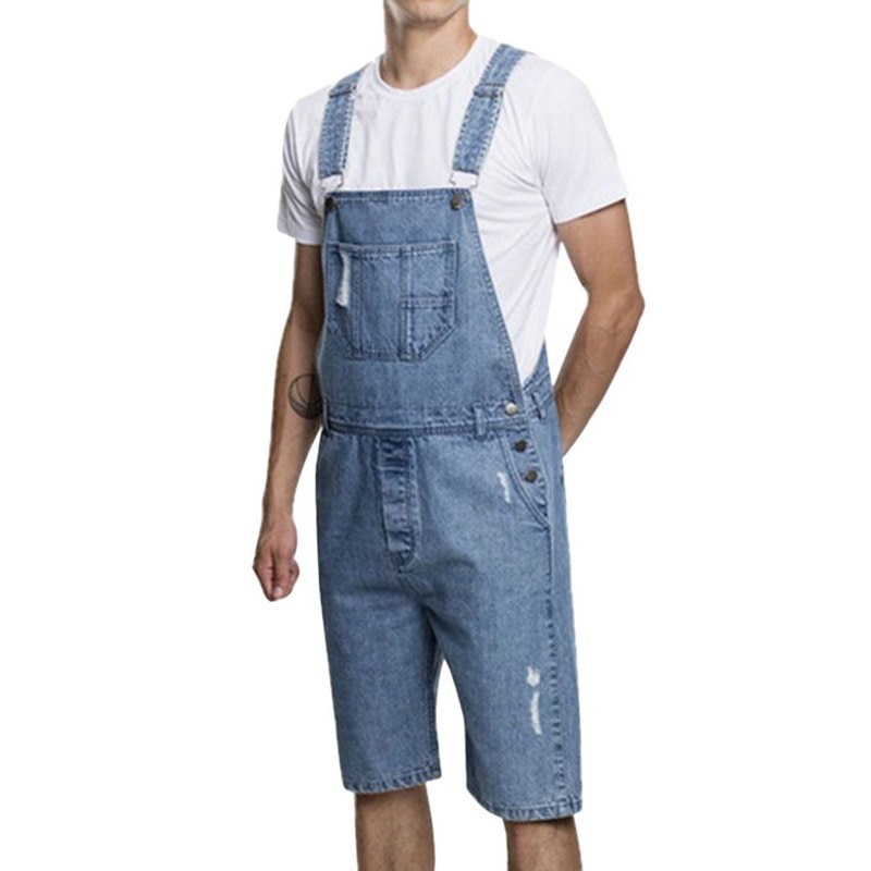 Ripped High Waisted Denim Overall Shorts for Men Distressed Bib Overall Jean Shorts Suspender Pants Plus Size