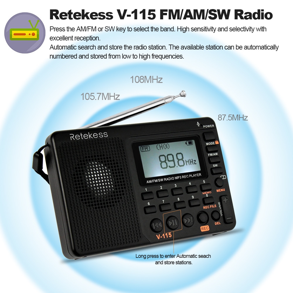 Retekess V-115 FM/sono/SW Radio Multibanda Radio Ricevitore Radio fm REC Registratore Suono Dei Bassi Altoparlanti Lettore MP3 con Timer di Spegnimento