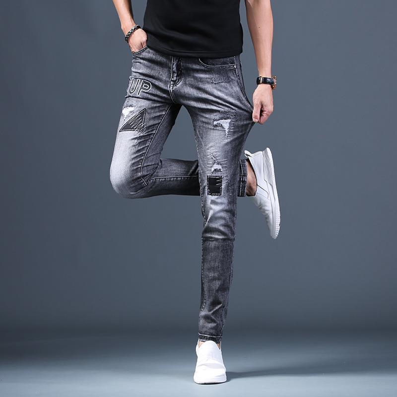 Jean gris déchiré de luxe léger pour hommes, jean de clochard à rayures et coutures, pantalon en Denim extensible de , jean de rue pour hommes