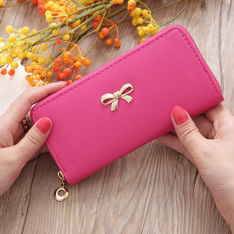 Kaarten Wallet Dames Leuke Strik Vrouwen Lange Portemonnee Effen Kleur Clutch Bag Pu Lederen Portemonnee Telefoon Kaart houder Tas: Rose Red