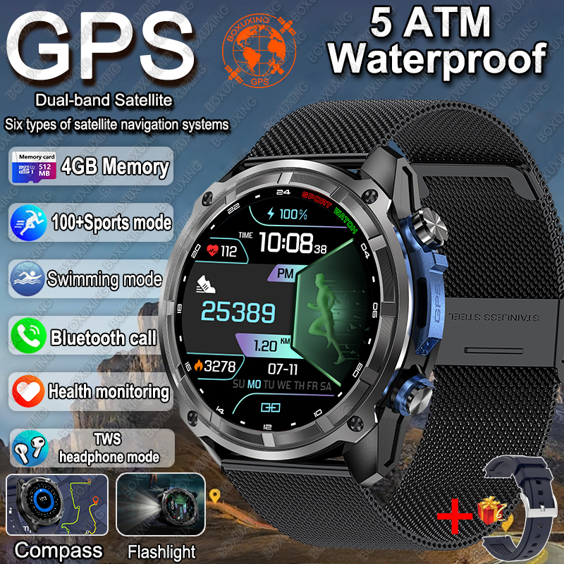 Novo gps militar relógio inteligente masculino mapas offline 5atm à prova dwaterproof água 4gb de memória 860 mah player vídeo bússola natação esportes smartwatch