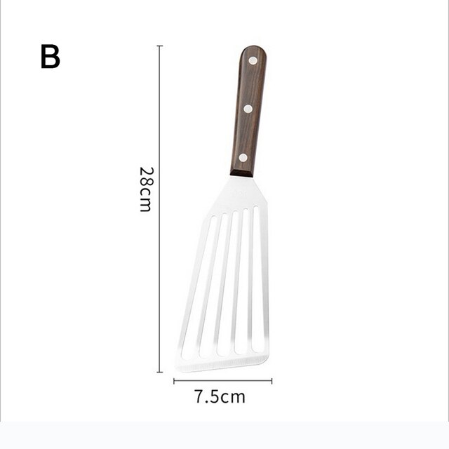 Multi-Purpose Cooking Stainless Steel Fish Spatula Metal Blade With Long Handle Fish Turner Utensils For Cooking Tools: Dark wood handle-S