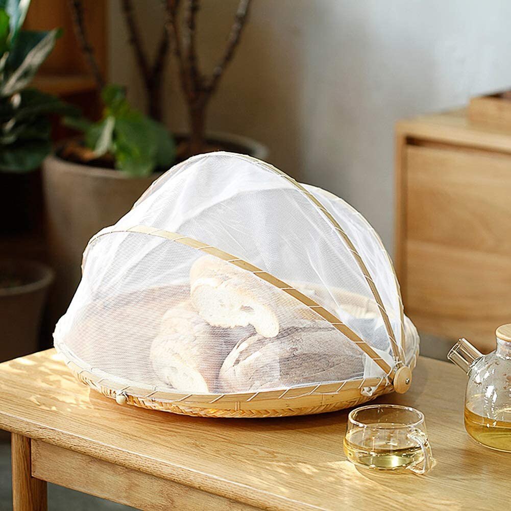 Bambu picknick mat servering korg anti flugor insekt nät täcka bröd frukt bricka