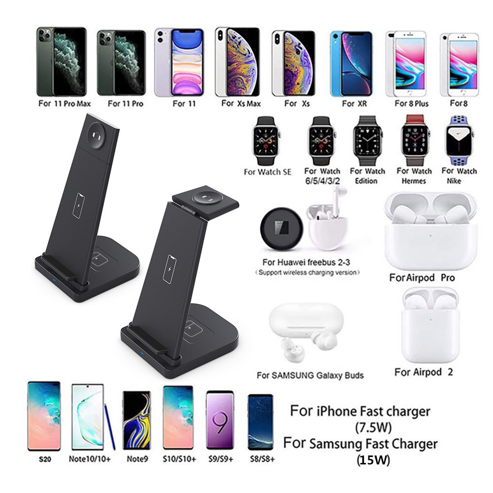 Soporte de carga inalámbrica para Apple Watch, estación de carga rápida Qi de 15W, 3 en 1 para iPhone 12, 11, XS, XR, X, 8, 6, 5, 4, 3 y 2, Airpods Pro