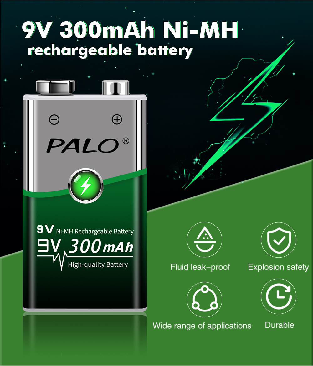 PALO 9V 300mAh NiMH Rechargeable Battery +LED Lndicator Light Charger for Ni-MH Ni-Cd AA AAA 9 Volts Batteria Crown Krone