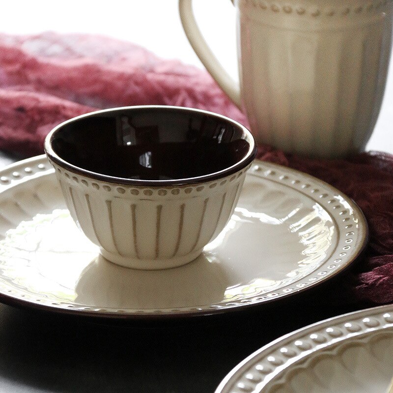 European Style White Ceramic Tableware Set Western Steak Pasta Embossed Plate Home Restaurant Salad Bowl Drink Cup