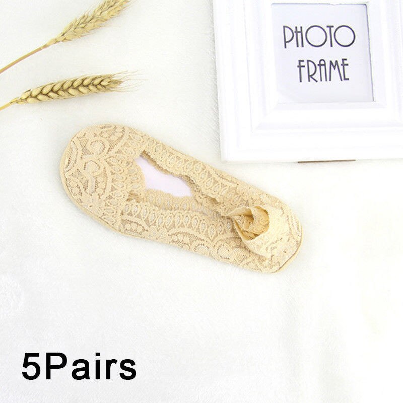 5 Pairs Ladies Slipers Skin Shoe Liners Footsies Invisible Thin Lace Socks Sheer Women Floral Lace Socks: Skin Color