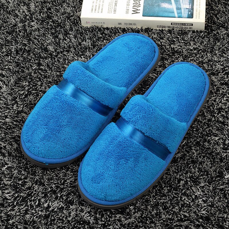 Femmes hôtel voyage Spa jetable corail polaire pantoufles partie sanitaire maison invité utilisation moelleux fermé orteil hommes jetables pantoufles: Bleu