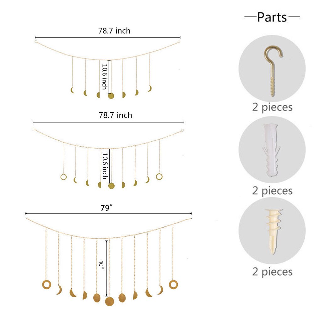 Metal Moon Sun Phase Display Decoration Golden Moon Hanging Ornament Chains For Bedroom Living Room Background Wall Decro