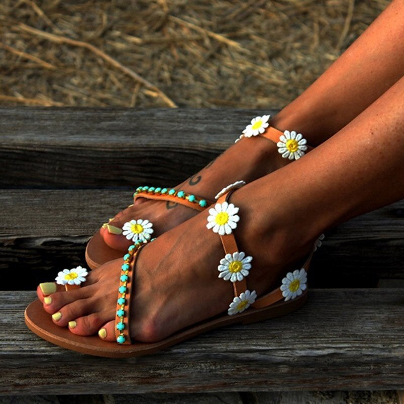 Summer Shoes Woman Gladiator Sandals Women Shoes Flat Weet Flowers Boho Beach Sandals Ladies Plus Size 44