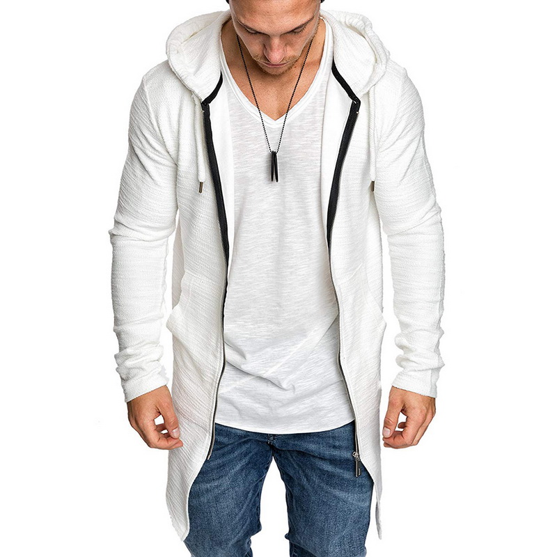 CYSINCOS Men's Long Cardigan Sweater Jacket Hooded Zipper Slim Fit Open Front Longline Cardigans with Pockets Men Sweater Jacket: White / Asian Size M