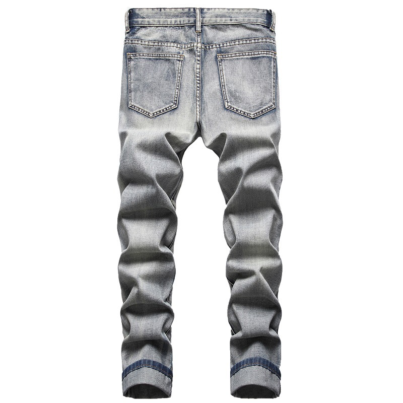 Men Vintage Biker Jeans Streetwear Holes Ripped Distressed Denim Pants Slim Straight Trousers
