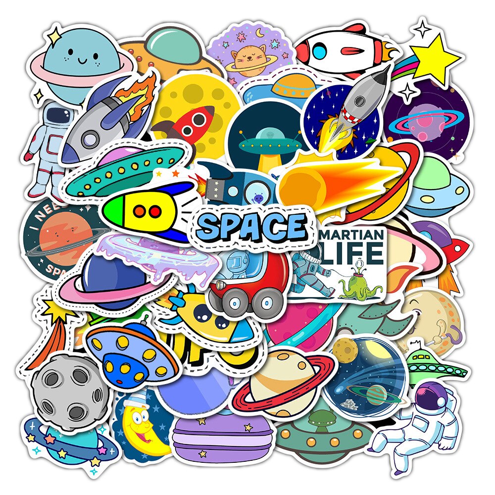 50 PCS UFO Alien Astronaut Outer Space Sticker Rocket Cartoon Skateboard Laptop Graffiti Sticker Waterproof Computer Sticker