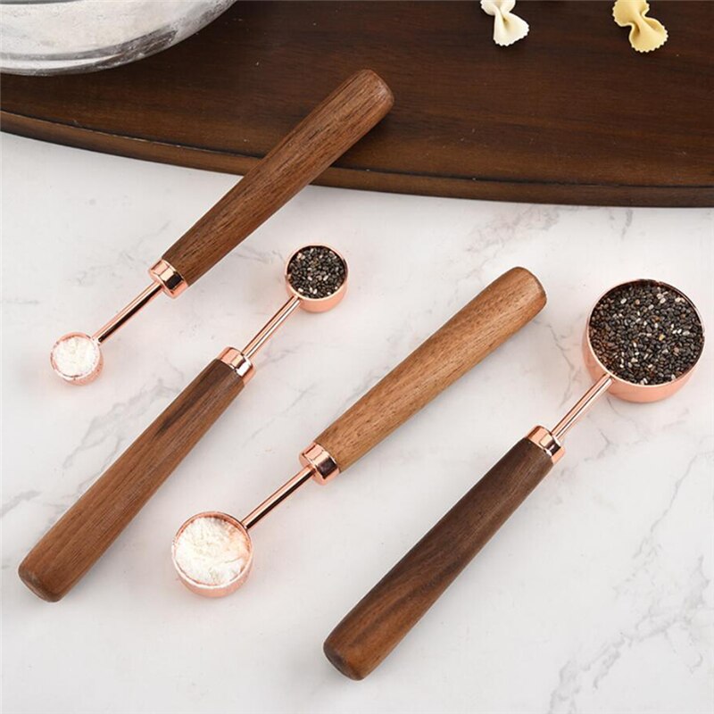 Rose Gold Measuring Cups And Spoons Set Teaspoon Wood Handle Copper Pink Kitchen Milk Coffee Cake Baking Measuring Spoon